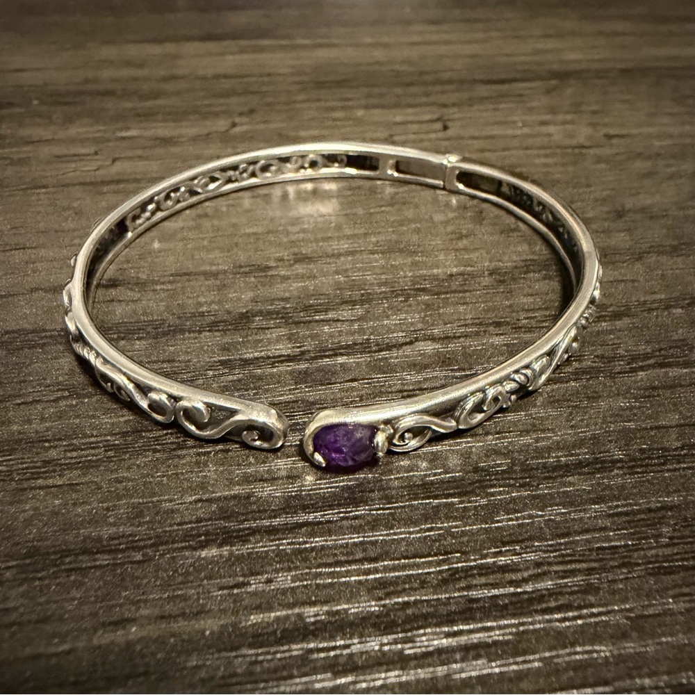 Relios Carolyn Pollack Sterling Silver Filigree Hinged Bangle Amethyst Bracelet
